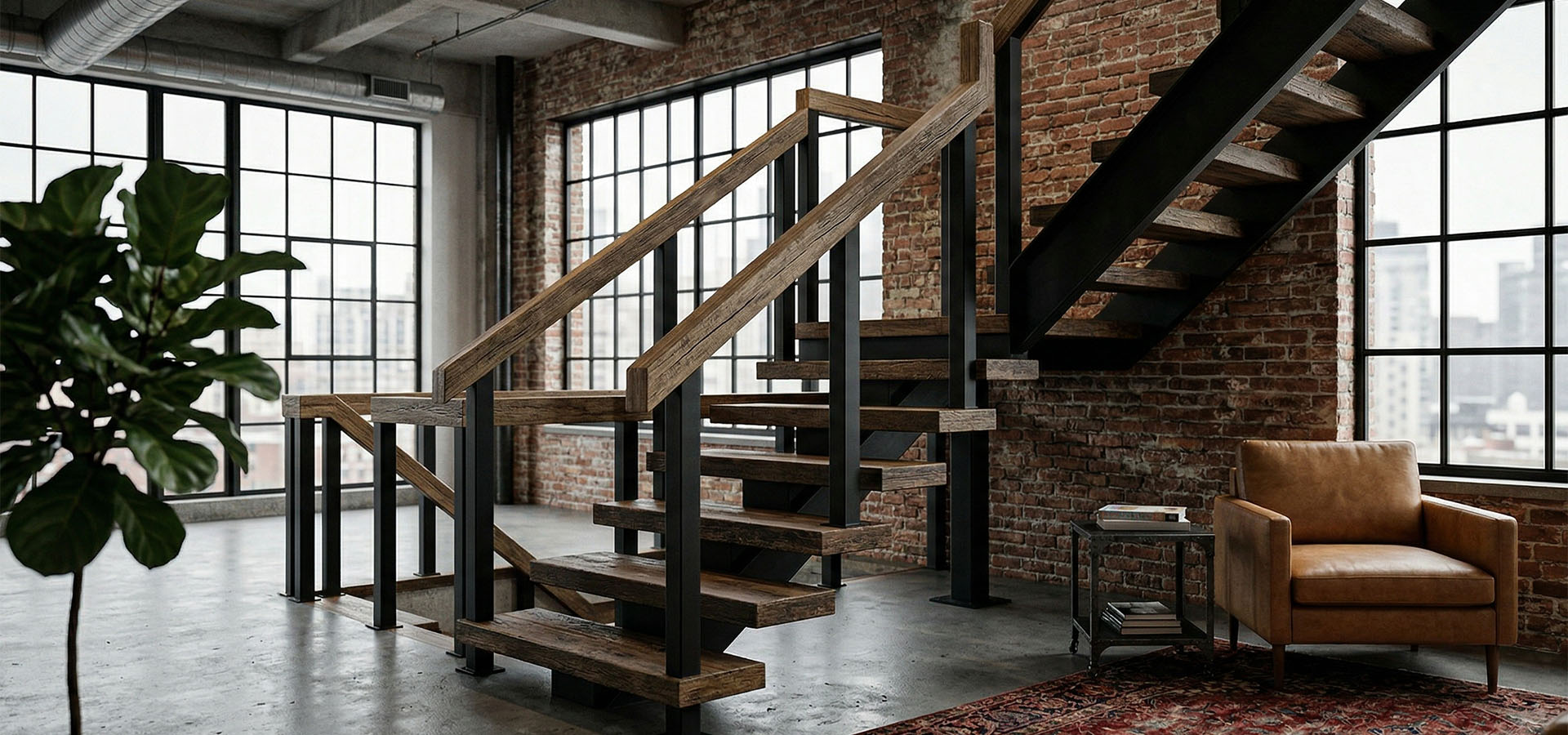 Лестница в стиле лофт с комбинированным ограждением: черные металлические стойки и деревянный поручень.